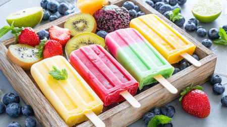 A vibrant assortment of fruit popsicles arranged on a rustic wooden platter. Perfect for summer gatherings, these colorful treats feature fresh strawberries, blueberries, kiwi, and citrus flavors.の素材