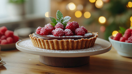 A delightful raspberry tart garnished with fresh berries and mint, presented on a wooden stand. Perfect for festive gatherings and celebrations.の素材