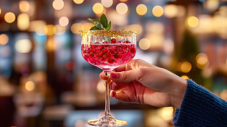 A vibrant cocktail is showcased in an elegant glass, adorned with fresh raspberries and mint. The bokeh background enhances the festive atmosphere, perfect for celebrations.の素材