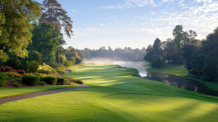 A captivating view of a tranquil golf course in the early morning, featuring lush green fairways, mist hovering above the water, and rich natural surroundings.の素材