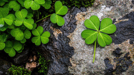 A closeup of fresh green clover leaves resting on a textured rock surface, showcasing nature's beauty and tranquility. Perfect for eco-friendly themes.の素材