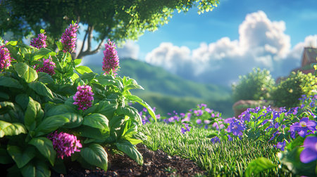 Explore a stunning garden scene filled with vibrant flowers, lush greenery, and a backdrop of fluffy clouds in a serene landscape, perfect for nature lovers.の素材