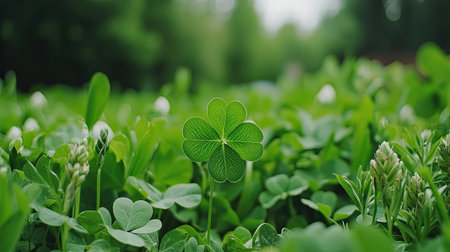 A serene close-up view of a single four-leaf clover amidst a lush green meadow, symbolizing luck and prosperity in nature's embrace. Perfect for nature-themed projects.の素材