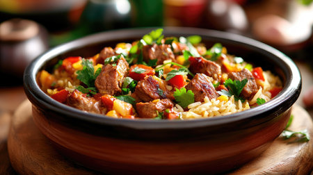 A delicious dish featuring tender meat and rice, garnished with fresh vegetables and herbs, perfect for a hearty meal or gathering.の素材