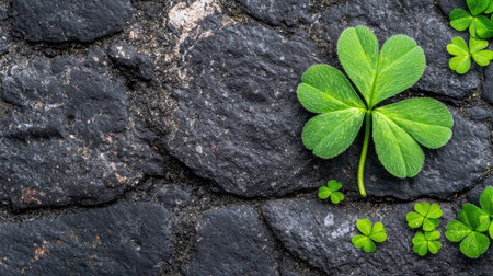 A vibrant green clover plant emerges from dark stone blocks, showcasing nature's resilience and beauty. The contrast of colors highlights the intricate details.の素材