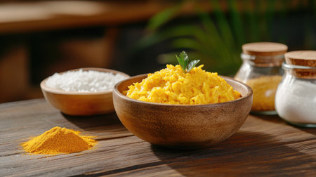 Cozy wooden table featuring vibrant yellow rice garnished with fresh herbs, surrounded by spices and ingredients, perfect for culinary inspiration.の素材