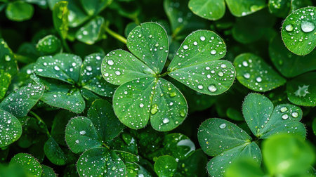 Discover a close-up image of vibrant green clover leaves adorned with shimmering water droplets, capturing the essence of nature's beauty and freshness.の素材