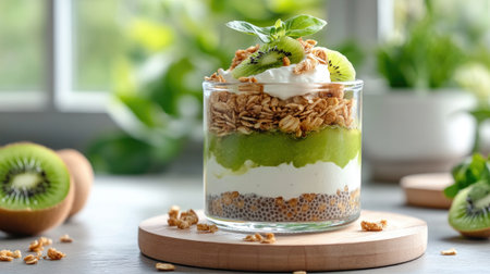 A beautifully layered dessert featuring creamy yogurt, crunchy granola, and fresh kiwi slices. Perfect for a healthy snack or breakfast option!の素材