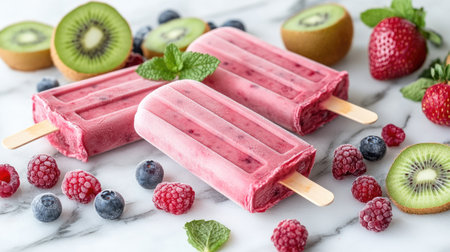 Bright and colorful fruit popsicles featuring berries and kiwi create a refreshing treat. Perfect for summer gatherings, these snacks are both delicious and healthy.の素材