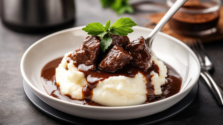 A delightful plate featuring savory beef stew topped with rich gravy and served over creamy mashed potatoes, garnished with a fresh green leaf. Perfect for comfort meals.の素材