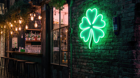 A vibrant neon shamrock sign illuminates the cozy bar interior at night, creating a welcoming atmosphere for social gatherings and relaxation with friends.の素材