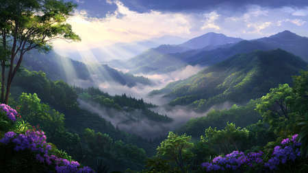 A breathtaking view of a serene mountain landscape filled with lush greenery and vibrant flowers, illuminated by soft rays of sunlight breaking through clouds.の素材