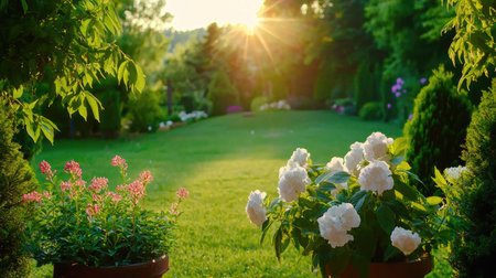 A stunning view of a garden at sunset showcasing vibrant flowers and lush greenery. The sunlight enhances the colors, creating a serene outdoor space perfect for relaxation.の素材