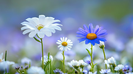A stunning composition of vibrant flowers in a serene meadow setting, showcasing the beauty of nature in full bloom. Perfect for spring and summer themes.の素材