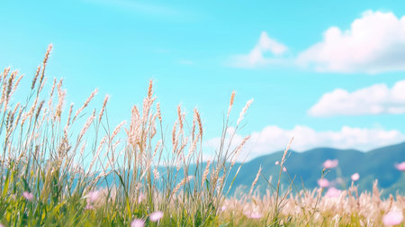 A tranquil landscape featuring tall grasses swaying gently under a bright blue sky. Majestic mountains frame the background, creating a serene pastoral scene.の素材