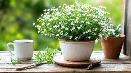 A charming display of a white flower pot overflowing with small white blooms, set on a wooden table. The green background creates a serene, natural atmosphere, perfect for gardening enthusiasts.の素材