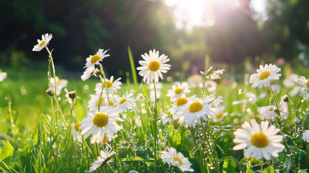 A vibrant display of daisies blooms in the sunlight, creating a serene and cheerful atmosphere. Dew glistens on the grass, enhancing the beauty of spring.の素材