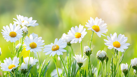 A stunning display of bright daisies showcasing their beautiful white petals and sunny yellow centers, nestled in a lush green meadow, capturing the essence of nature.の素材