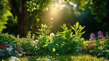 A serene garden scene showcasing vibrant plants and flowers bathed in warm sunlight. The soft focus and gentle glow create a tranquil and refreshing outdoor atmosphere.の素材