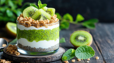 A vibrant yogurt parfait featuring layers of creamy yogurt, chia seeds, and fresh kiwi, topped with crunchy granola and mint leaves for a refreshing treat.の素材