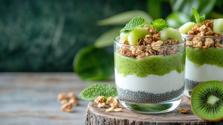 A delightful layered dessert featuring creamy yogurt, vibrant kiwi, crunchy granola, and chia seeds. Perfect for a healthy snack or breakfast option.の素材