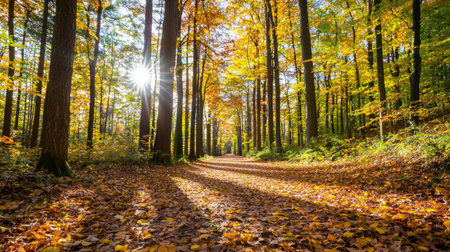 A tranquil forest path in autumn showcasing vibrant leaves and warm sunlight. This serene scene invites exploration and appreciation of nature's beauty.の素材