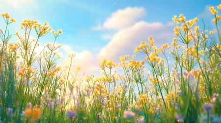 A stunning view of a vibrant field filled with delicate yellow flowers against a bright blue sky dotted with fluffy clouds. Perfect for nature lovers.の素材