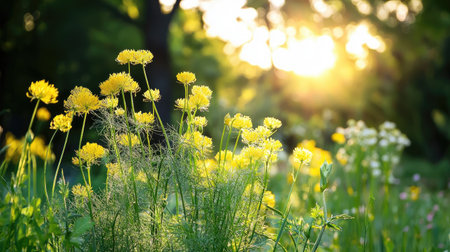A stunning display of bright yellow wildflowers illuminated by the warm glow of sunset, creating a serene and picturesque natural scene in an outdoor meadow.の素材