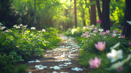 A tranquil pathway meanders through a lush green forest, adorned with blooming flowers and scattered petals, inviting exploration and peace.の素材