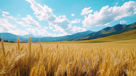 A serene golden wheat field stretches towards distant mountains under a bright blue sky filled with fluffy clouds, representing nature's beauty and agricultural richness.の素材