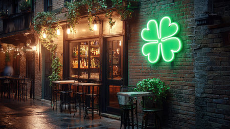 A cozy outdoor bar scene featuring a glowing neon sign, rustic furniture, and a rainy street. Ideal for nightlife, restaurant, and urban atmosphere themes.の素材
