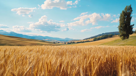 Expansive golden wheat field stretches across the landscape, set against a bright blue sky adorned with fluffy clouds, highlighting the beauty of nature.の素材