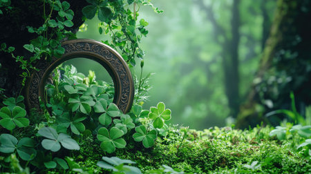 A serene forest scene featuring lush green plants and a mysterious circular mirror, surrounded by clover and moss, inviting exploration and wonder.の素材