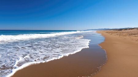 A stunning beach scene featuring soft sand, gentle waves, and a bright blue sky. Ideal for conveying relaxation, travel, and natural beauty in any project.の素材