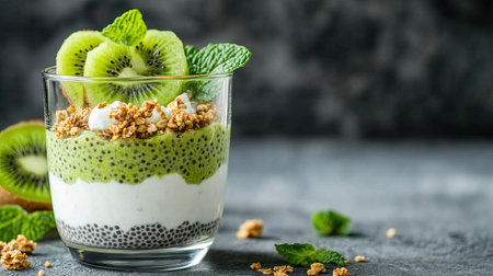 A delicious yogurt parfait featuring creamy layers of chia seeds and kiwi topped with crunchy granola and fresh mint leaves, ideal for healthy snacking.の素材