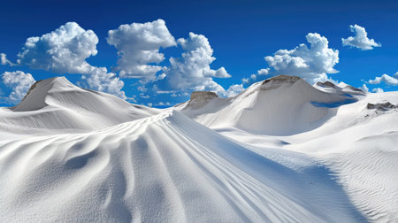 Explore the stunning landscape of endless white sand dunes set against a vibrant blue sky filled with fluffy clouds. A serene natural wonder awaits.の素材