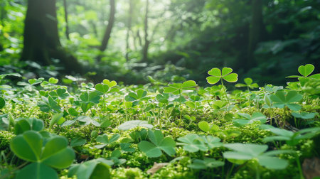 A serene view of a lush green forest floor adorned with vibrant clovers and soft moss, illuminated by gentle sunlight filtering through the trees.の素材