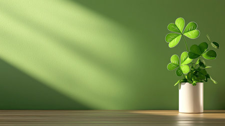 A bright green wall serves as a backdrop for a lush potted plant, casting gentle shadows. The vibrant colors and natural elements create a serene and refreshing atmosphere.の素材