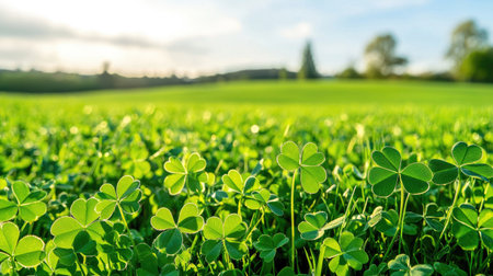 A serene view of a lush green clover field bathed in sunlight, showcasing nature's beauty. Perfect for themes of wellness, tranquility, and growth.の素材