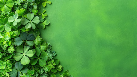 A vibrant arrangement of lush clover leaves against a textured green background, perfect for nature-themed projects and fresh design concepts.の素材