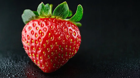 Close-up image of a fresh red strawberry adorned with water droplets, set against a sleek black background. Ideal for culinary and health-related projects.の素材