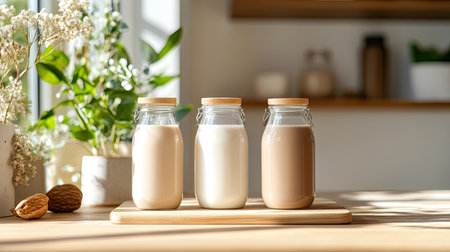 Three glass bottles of milk in different varieties sit on a wooden board in a bright kitchen. Natural light enhances the fresh and inviting atmosphere.の素材