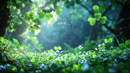 A serene green forest scene showcasing vibrant leaves and delicate wildflowers. Sunlight filters through the canopy, creating a magical and tranquil atmosphere.の素材