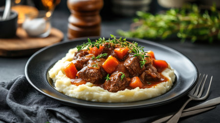 A delicious beef stew served over creamy mashed potatoes, garnished with fresh thyme and vibrant carrots, perfect for a cozy dinner setting.の素材
