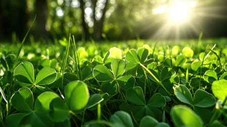 A vibrant field of clovers bathed in sunlight filters through trees, showcasing nature's beauty in a peaceful outdoor setting that invites tranquility.の素材
