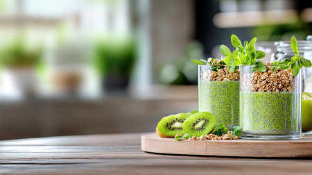 This vibrant green smoothie features kiwi slices and granola on top, set on a rustic wooden table. Perfect for a refreshing and healthy breakfast.の素材