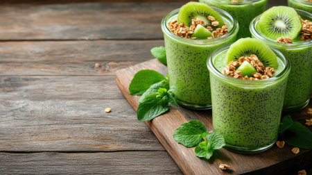 Enjoy a vibrant green chia seed pudding topped with fresh kiwi and crunchy granola. Perfect for a healthy snack or a refreshing dessert option.の素材