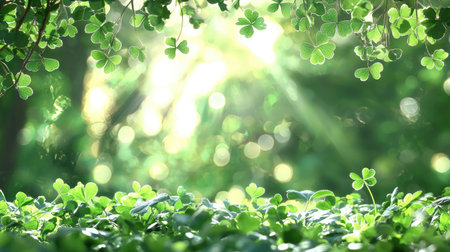 A serene forest scene featuring vibrant green leaves illuminated by soft sunlight, creating a tranquil atmosphere filled with natural beauty.の素材