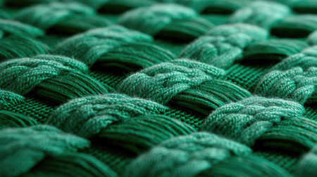 Close-up view of textured green fabric showcasing intricate woven patterns and fine fibers, ideal for textile design, home decor, or fashion projects.の素材