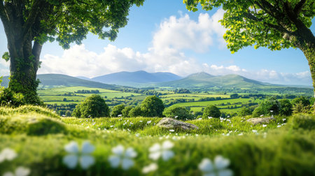A stunning green landscape showcasing lush trees and rolling hills under a clear blue sky, perfect for those seeking tranquility in nature's beauty.の素材